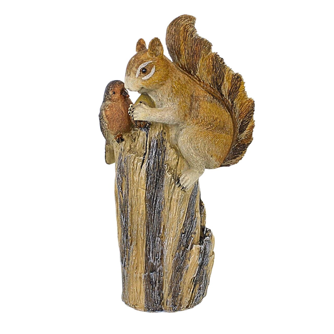Roman 10.0 Inch Squirrel & Bird On Tree Stump Garden Statue Summer Figurine , Weather Resistant Summer Decor Acorn Squirrel Bird